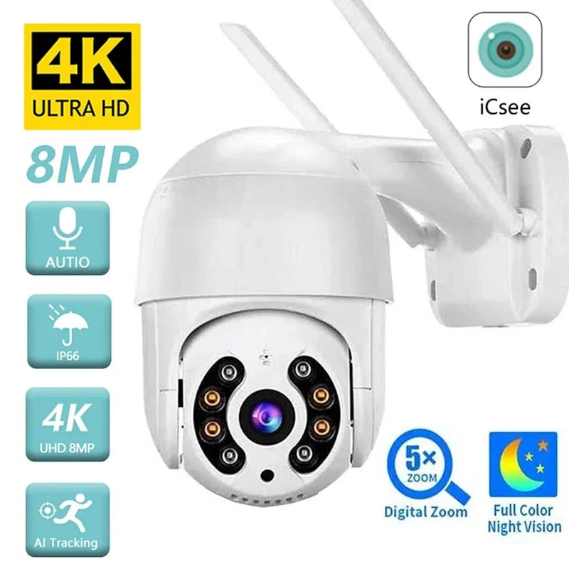 Câmera de Vigilância Speed Dome 4K PTZ 8MP – IP WiFi para Casa Inteligente ao Ar Livre